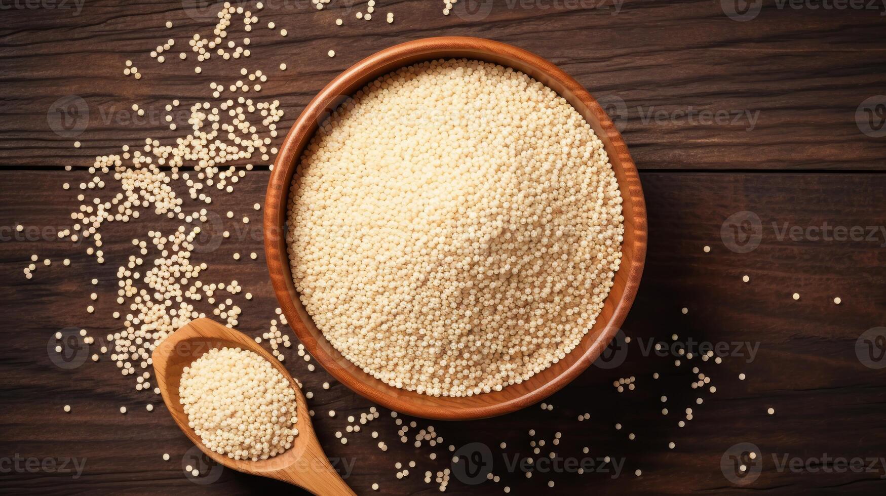 AI generated Bowl of raw couscous on a wooden background. Concept of Mediterranean cuisine, simple ingredients, and healthy grains. Top view. photo