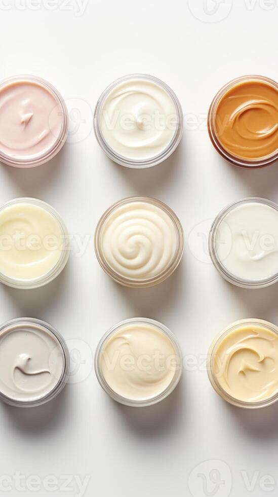 AI generated Variety of organic cosmetic creams for skin care in open jars on white background. Top view. Concept of skincare variety, cosmetics assortment, and beauty product display. photo