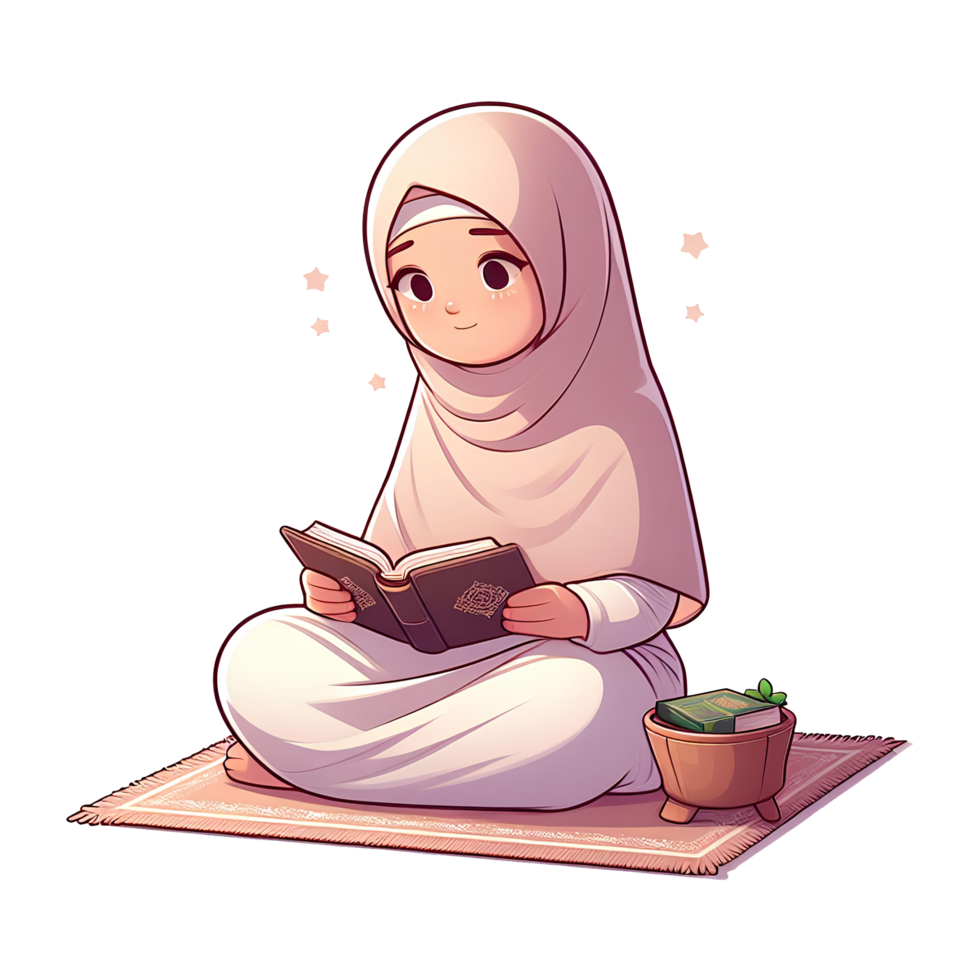 AI generated muslim woman is reading al quran, in cartoon style png