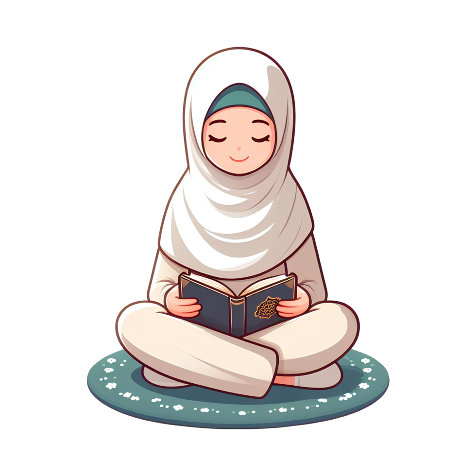 AI generated muslim woman is reading the quran during ramadan, in cartoon style png