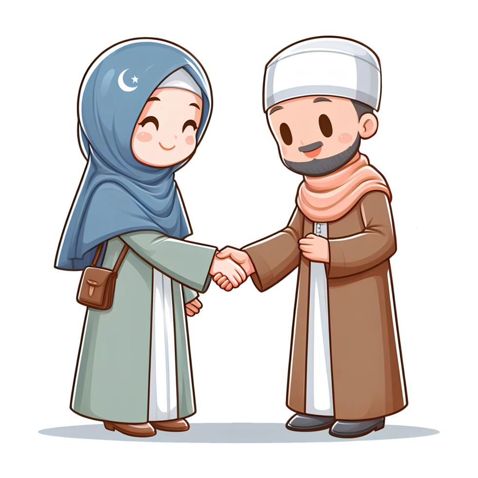 AI generated husband and wife are shaking hands at eid al fitr, in cartoon style png