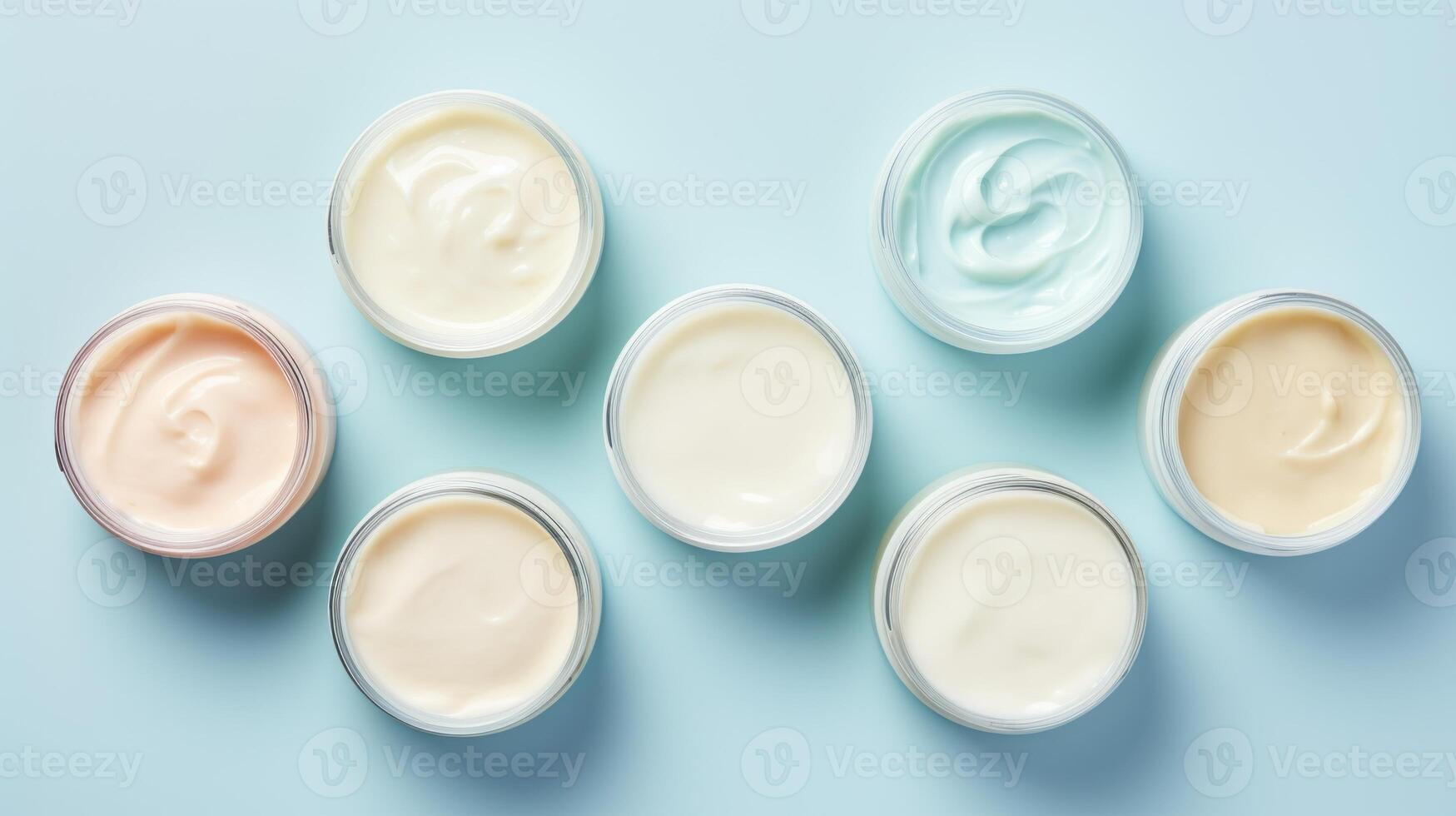 AI generated Variety of organic cosmetic creams for skin care in open jars on a blue background. Top view. Concept of skincare variety, cosmetics assortment, and beauty product display photo