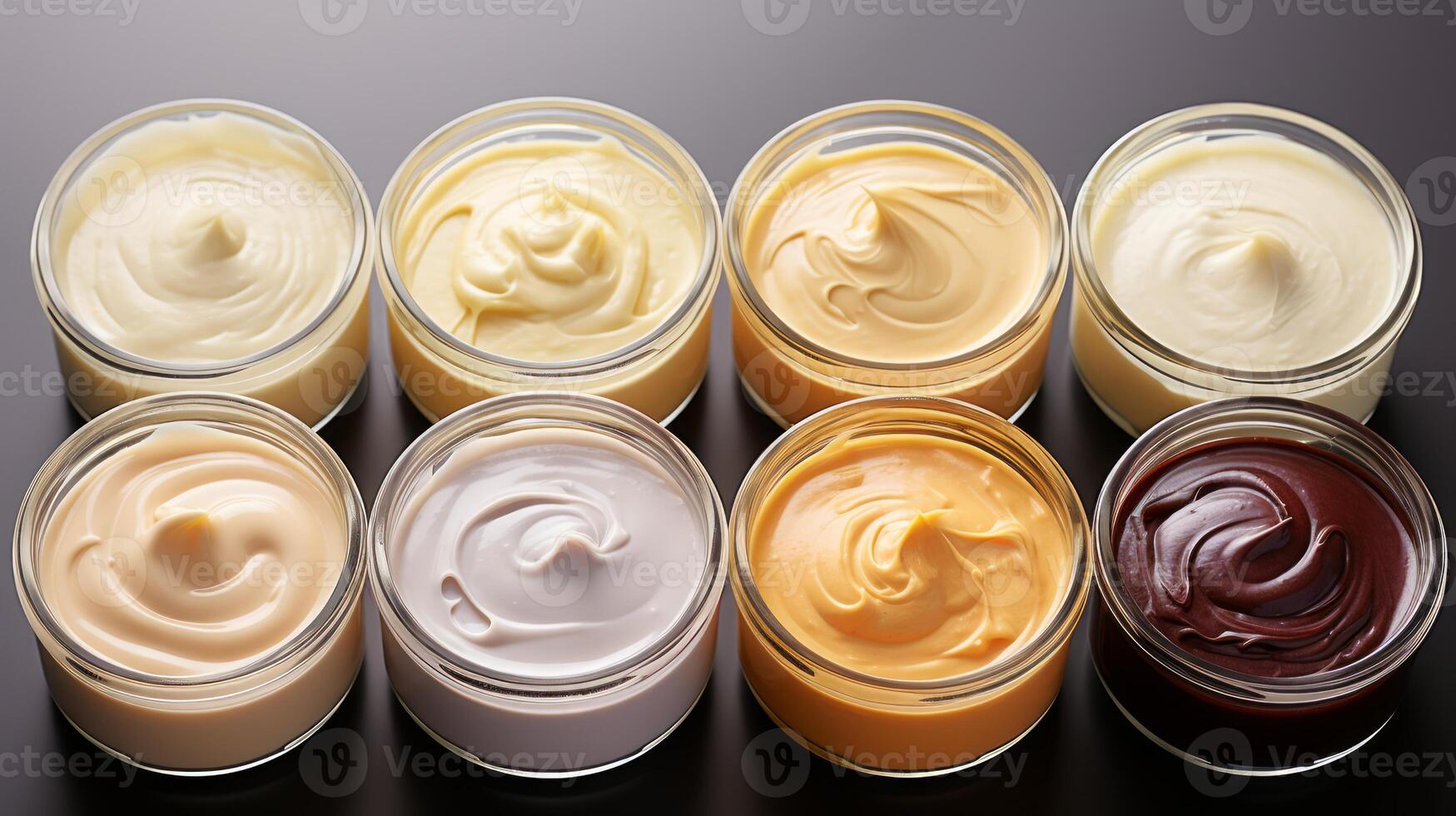 AI generated Organic open cosmetic jars with a range of colors on light background. Concept of cosmetics assortment, skincare, facial and body creams, and beauty product display photo