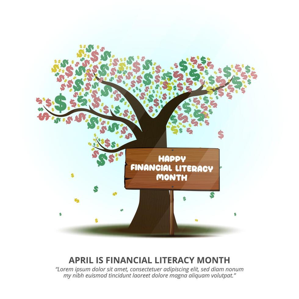 Square Financial Literacy Month background with a tree and money illustration vector
