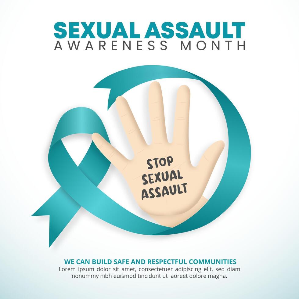 Square Sexual Assault Awareness Month background with a ribbon and stop hand vector