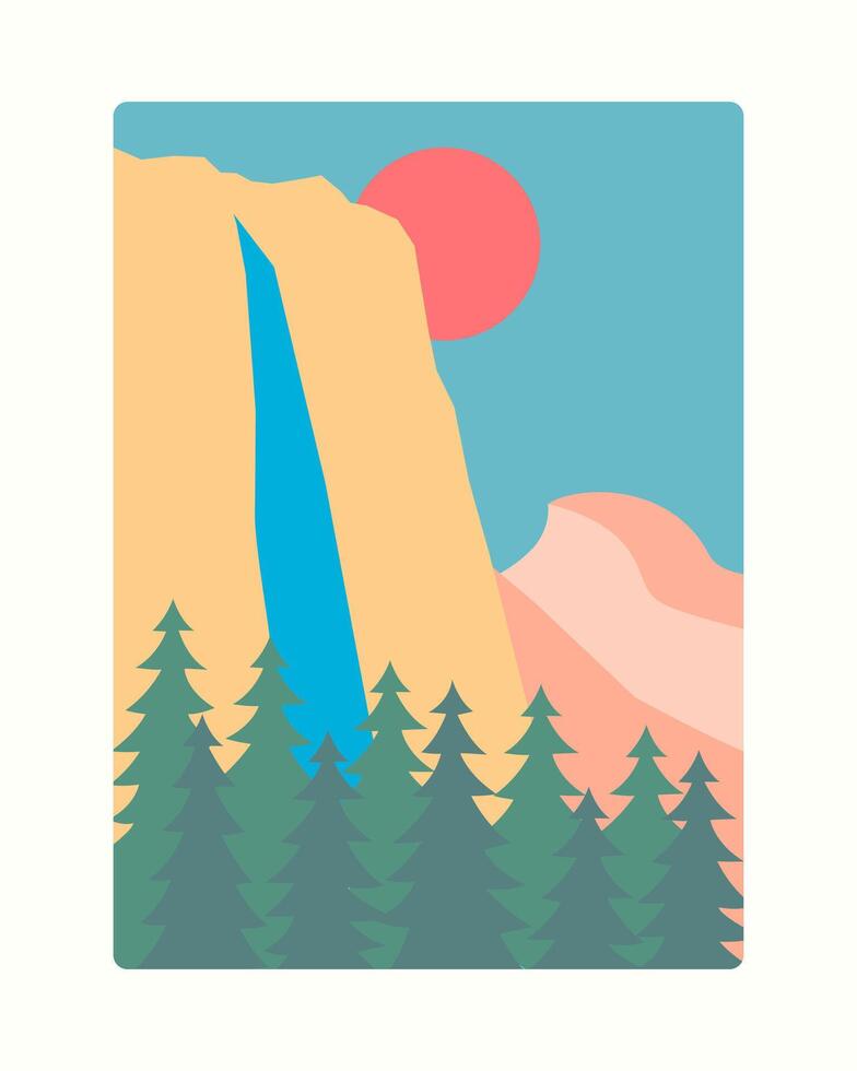 The waterfall on Yosemite National Park flat graphic illustration vector for t-shirt, badge, poster design