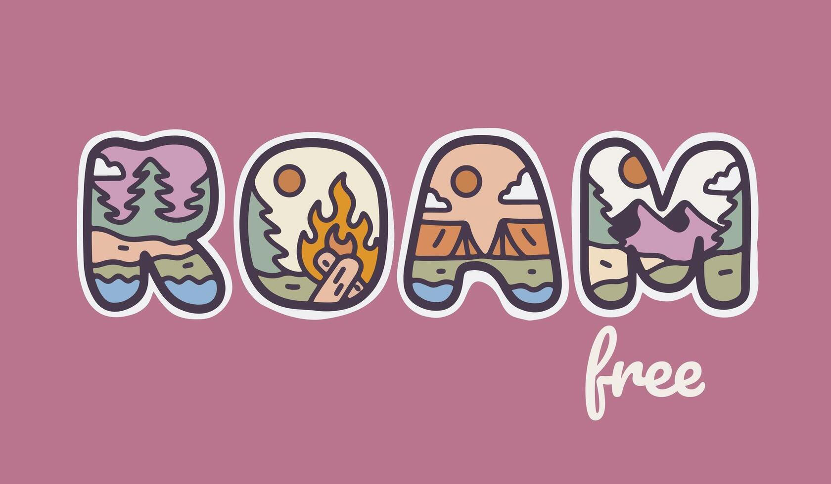 Roam Free letter with mountain camping design inside vector illustration