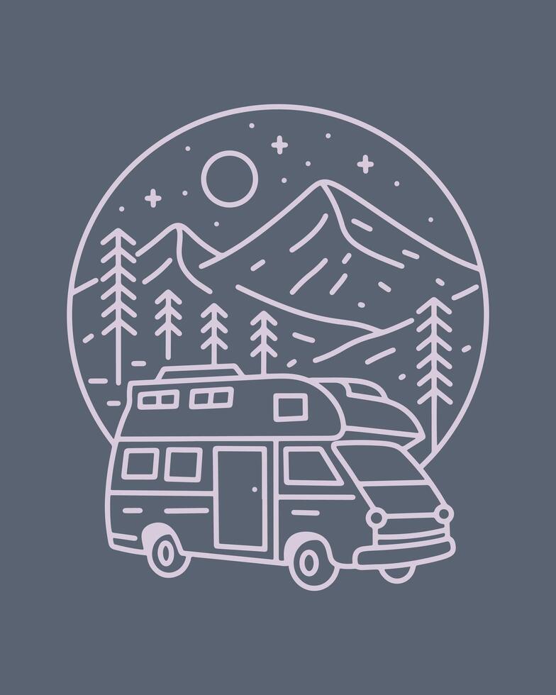 The Journey of camper van is about travel to camp mono line design for badge, sticker, patch, t shirt design, etc vector