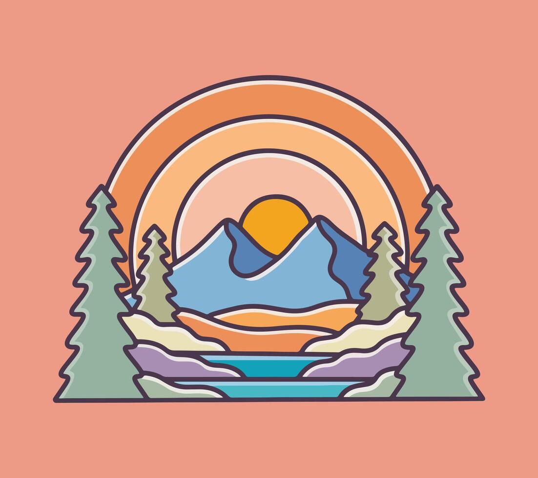 Views of mountains, rivers and trees flat design mono line design for t shirt, sticker, badge illustration vector