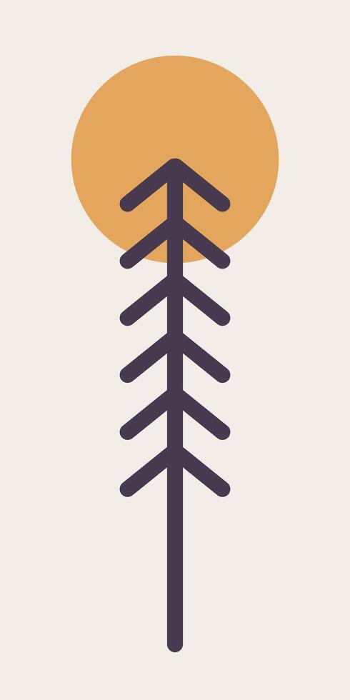 Simple mono line tree and big sun in mono line vector design illustration