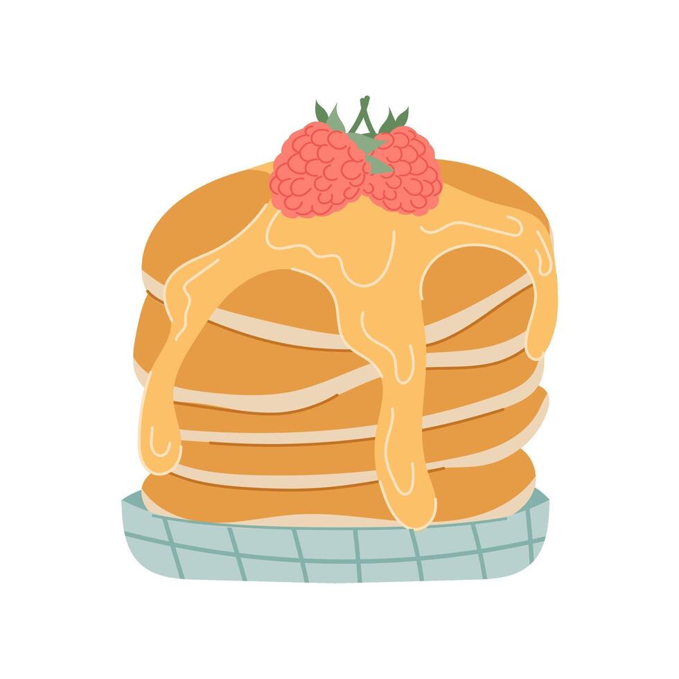 Plate with delicious pancakes, syrup and raspberries in flat style. Breakfast. Cooking. vector