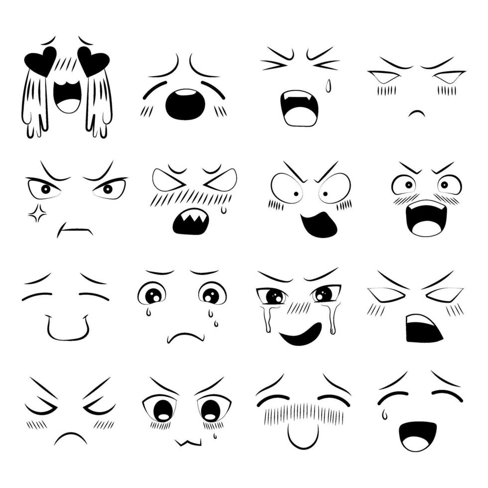 anime emoción efecto. conjunto de garabatos de varios emociones en anime estilo. expresión de emociones, facial expresiones vector