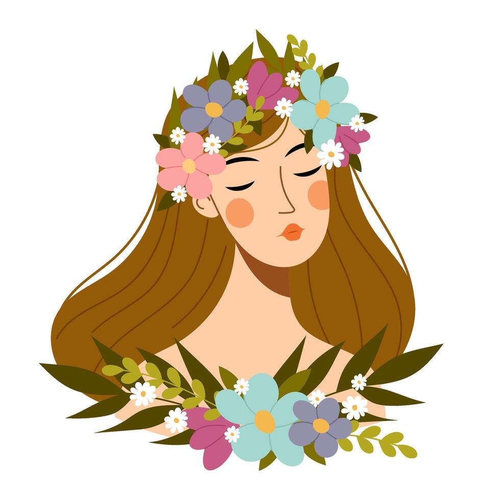 Portrait of a beautiful young girl in a flower wreath in flat style. Woman with spring flowers. vector