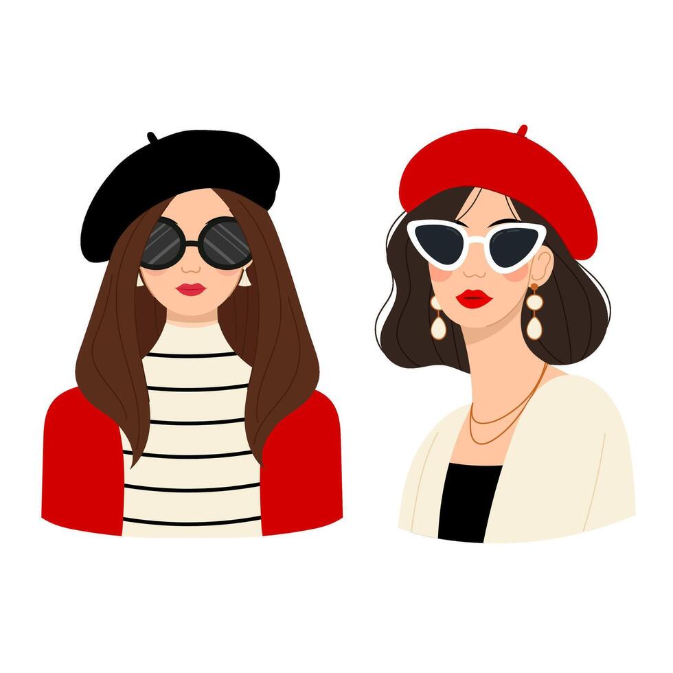 French woman. Flat illustration of girl portrait. Set of illustrations of young French women in red and black berets and glasses. vector