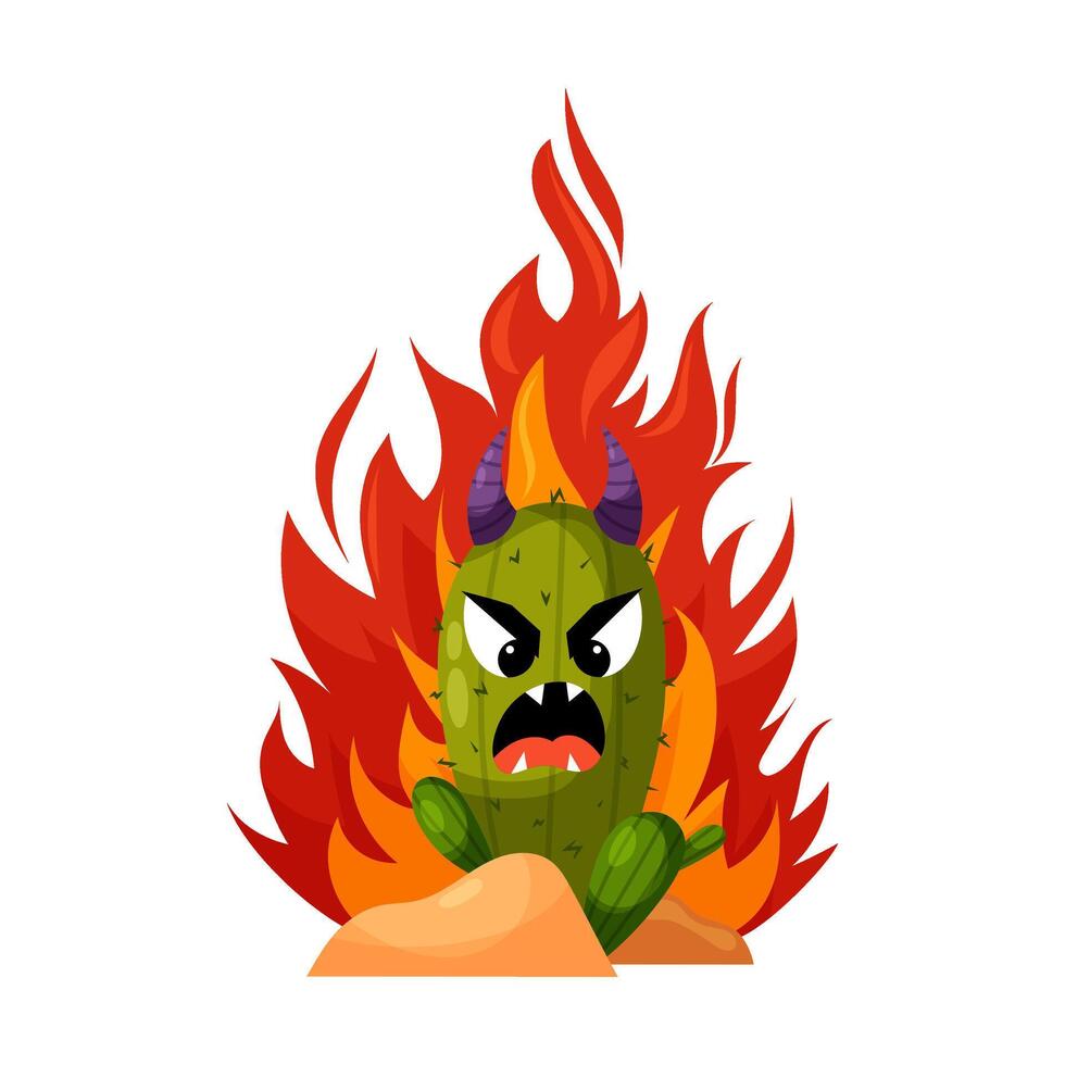 Evil cactus character. Prickly plant. Demonic cactus plant. Cactus in flat style. vector
