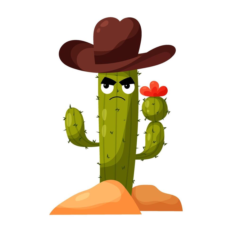 Cowboy. Funny cactus character wearing a cowboy hat. Cactus in flat style. Desert plant. vector