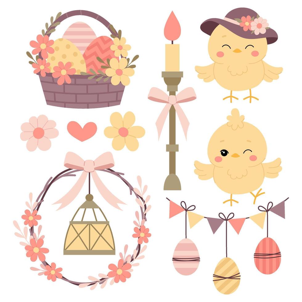 Set of Easter vector illustrations. Easter decor in flat style. Easter basket, chicken, wreath, candle, garland on a white background.