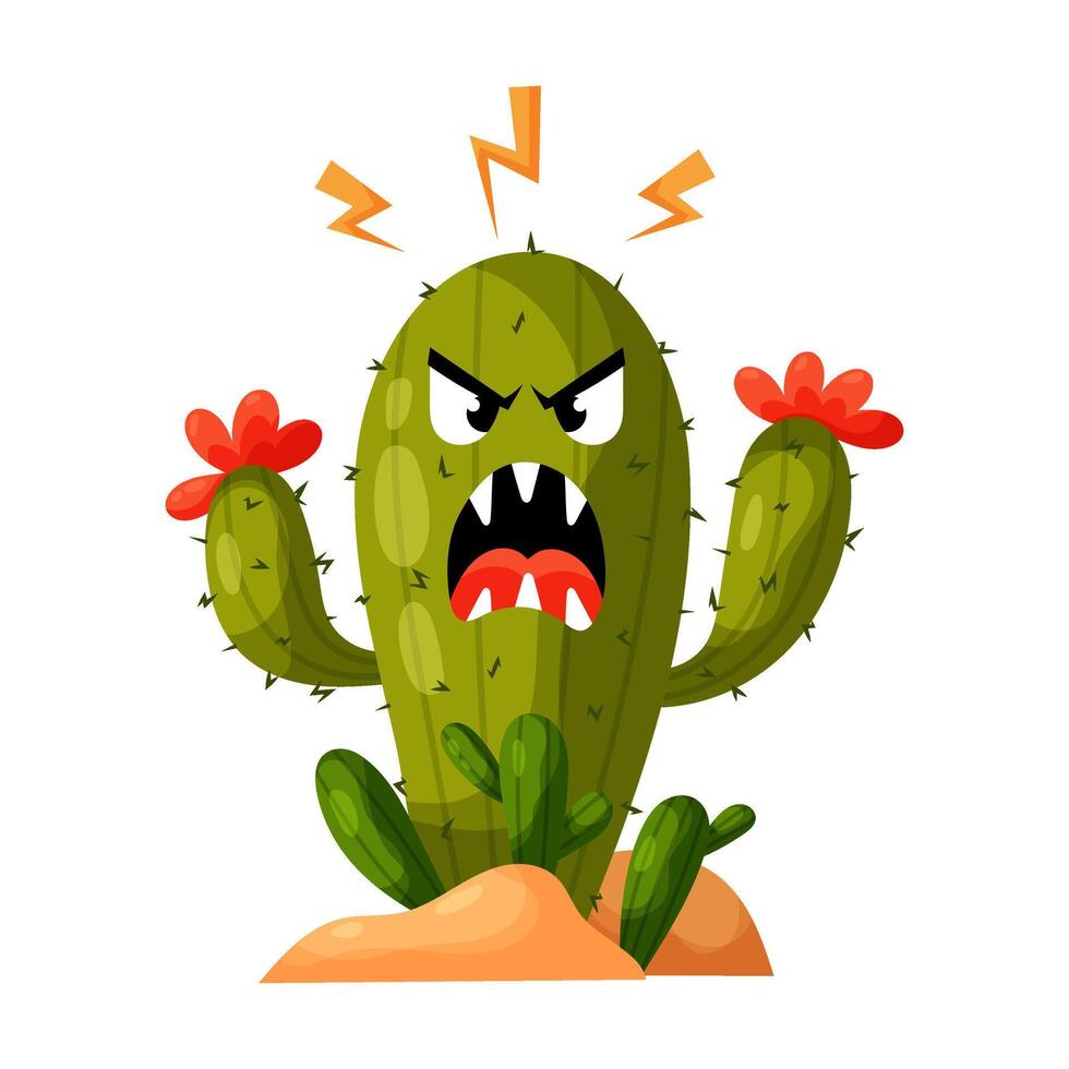 Angry cactus in flat style. Vector illustration of a cactus monster in the desert. Desert plant.