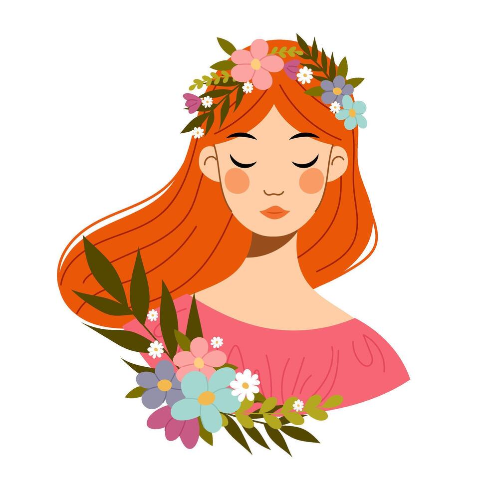 retrato de un hermosa Pelirrojo niña en un flor guirnalda en un plano estilo. linda niña con un flor composición. vector