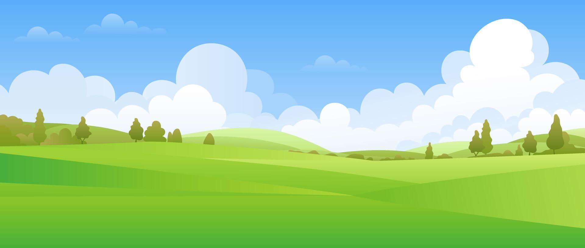 A panoramic landscape featuring a green valley with trees, meadows, and hills under a blue sky. Ideal for illustrating the beauty of nature in summer. Copy space for various projects. Not AI. vector