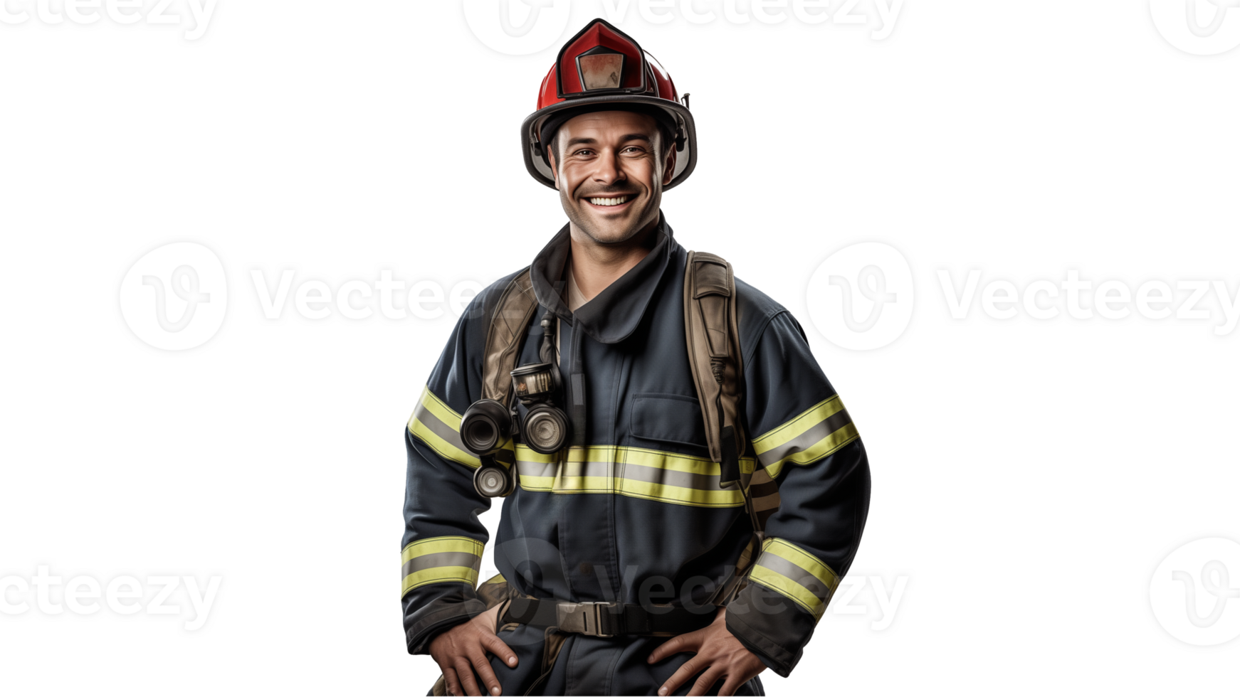 ai generado contento bombero oficial cortar afuera. sonriente fuego combatiente en transparente antecedentes png