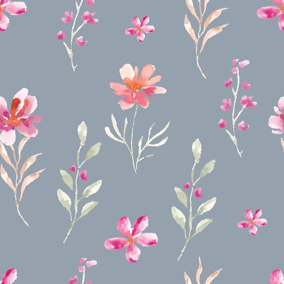 Wild Watercolor Flower and Leaves Seamless Pattern vector