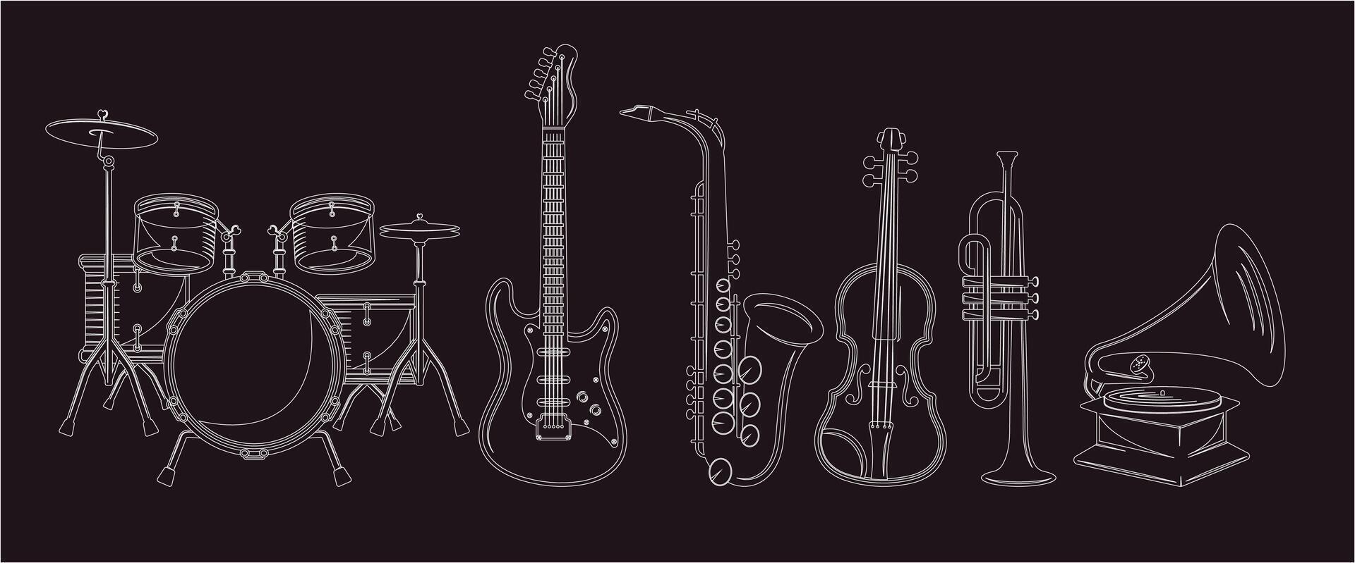 Musical instruments. Acoustic, electric and percussion cartoon vintage equipment for music concerts and party. jazz, folk and traditional set vector