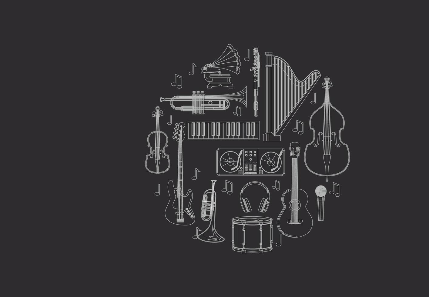 Musical instruments. Acoustic, electric and percussion cartoon vintage equipment for music concerts and party. jazz, folk and traditional set vector