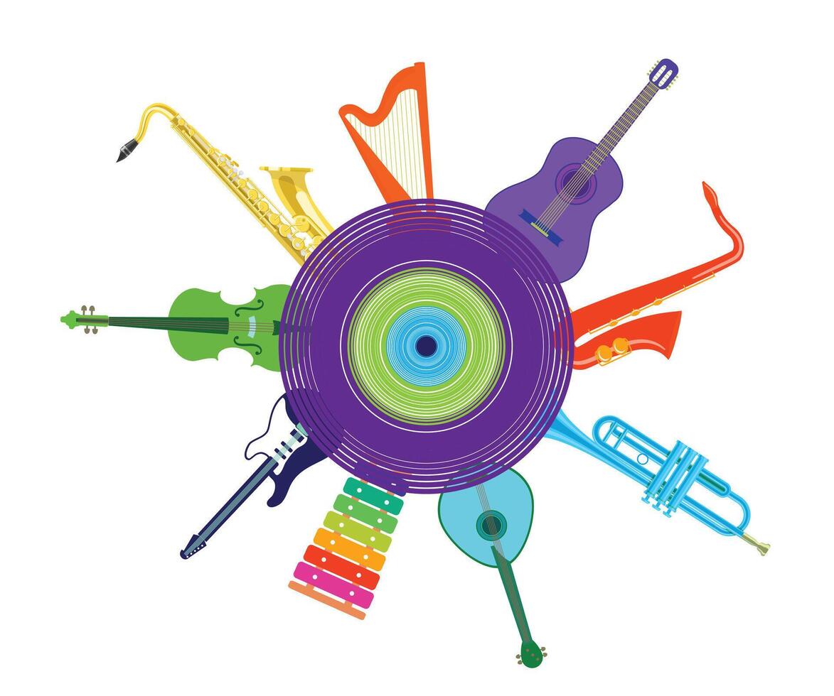 Musical instruments. Acoustic, electric and percussion cartoon vintage equipment for music concerts and party. jazz, folk and traditional set vector
