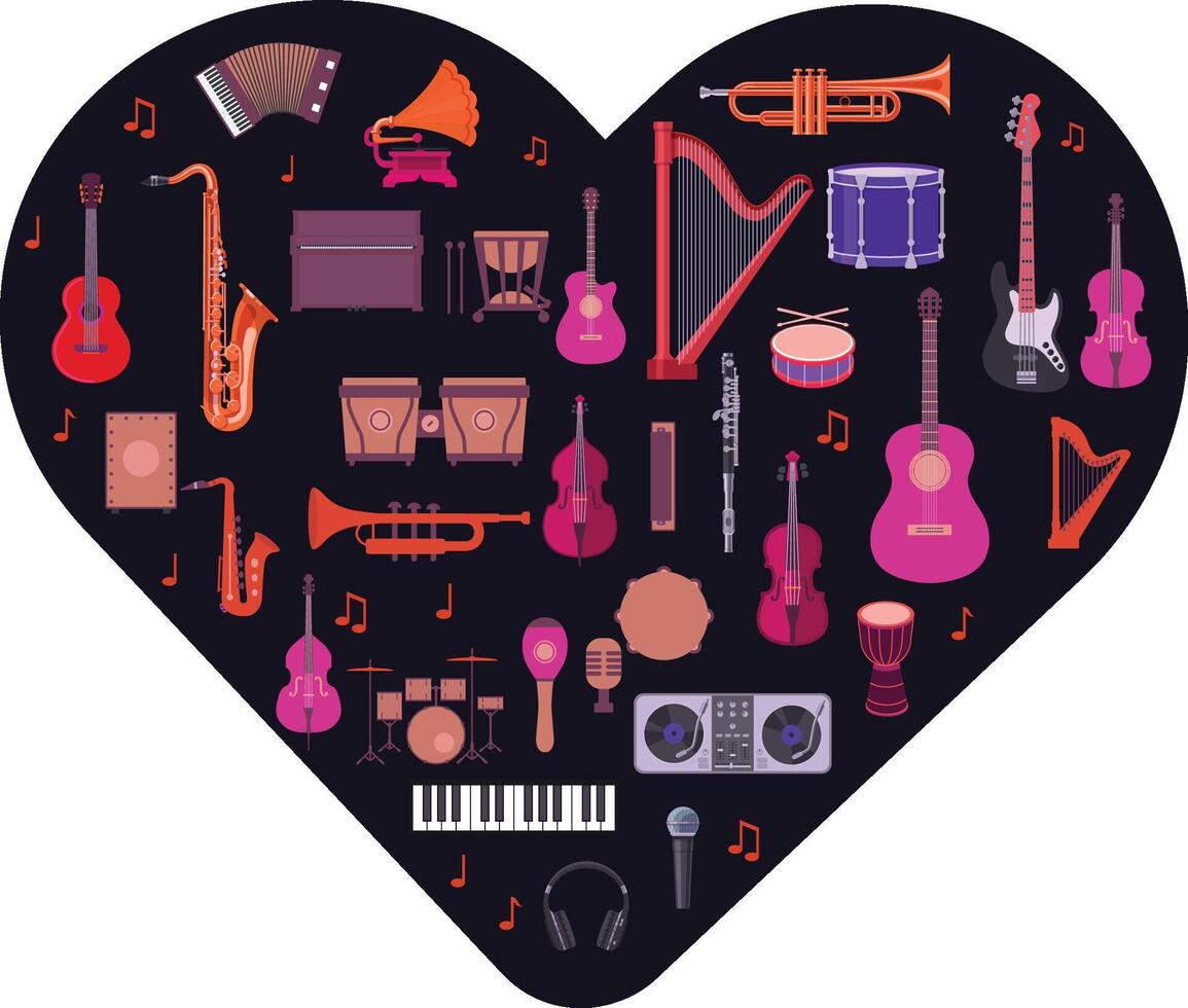 amor música corazón. instrumentos musicales en forma de corazón vector