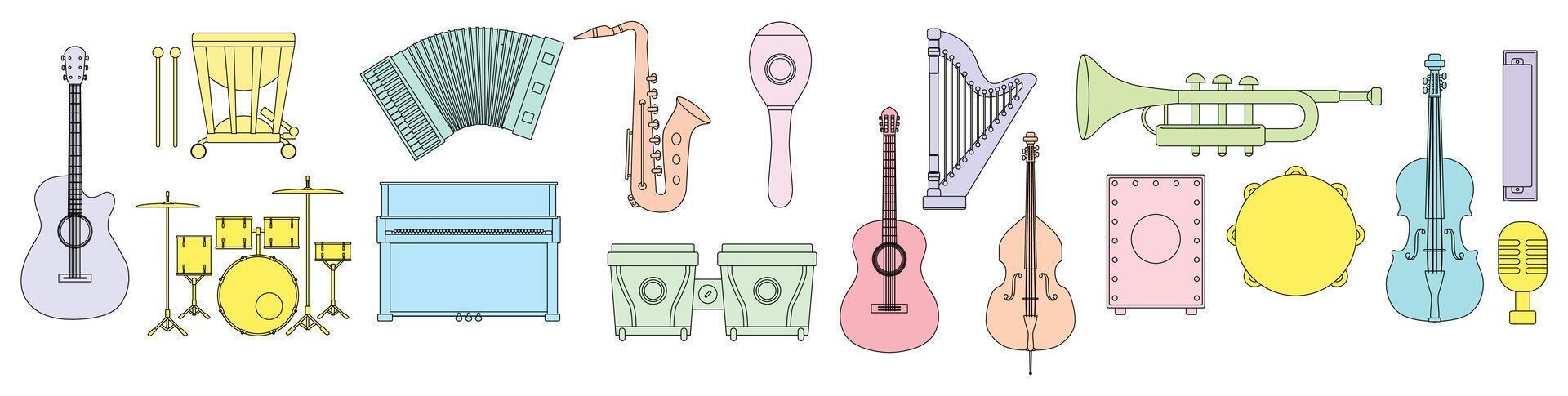 Musical instruments. Acoustic, electric and percussion cartoon vintage equipment for music concerts and party. jazz, folk and traditional set vector