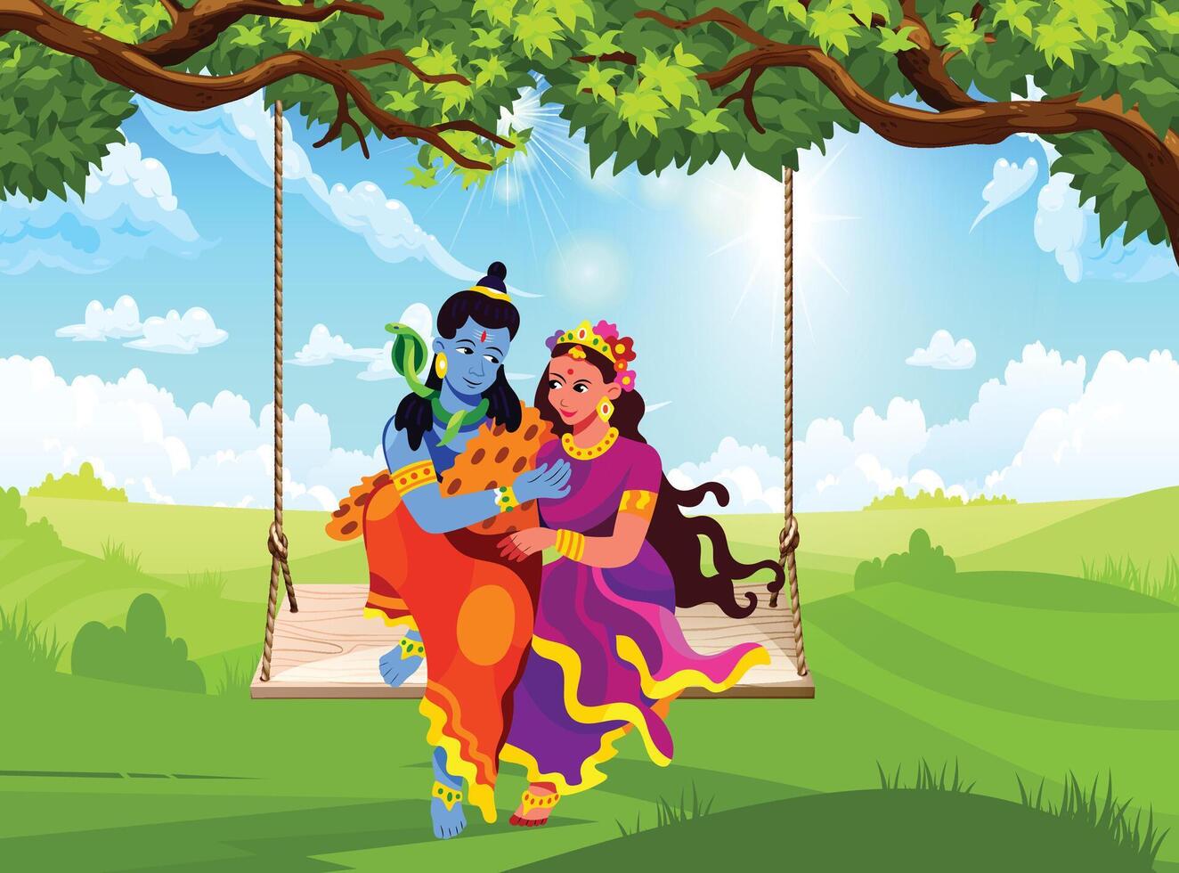 Hartalika teej festival poster flat vector template. Pray for blessing. Shiva and Parvati. Brochure, booklet one page concept design with cartoon characters. Teej festival flyer, leaflet
