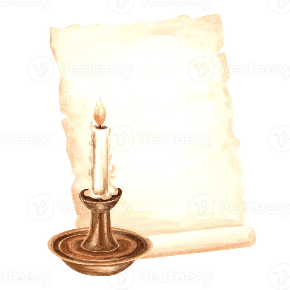 Sheet of parchment handwritten paper, burning candle in candlestick. Template old writing supplies. Hand drawn watercolor illustration. Isolated retro composition for design card, packaging, sticker. png