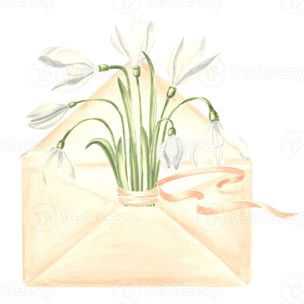 Watercolor bouquet of white snowdrops flower with ribbon in envelope. Isolated hand drawn illustration spring blossom. Floral template for postcard, packaging, tableware, textile, sticker, embroidery. png