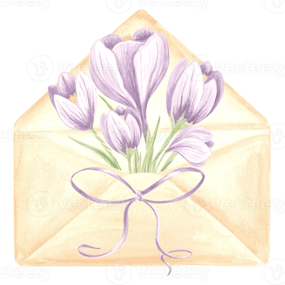 Watercolor bouquet of purple crocus flowers in an envelope with a bow. Spring isolated hand drawn illustration saffron blossom. Floral template for cards, packaging and tableware, textile and sticker. png