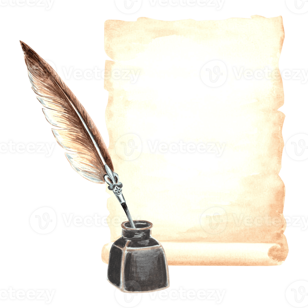 Sheet of parchment paper and inkwell with feather pen. Vintage writing supplies. Template retro illustration of old stationery. Isolated hand drawn illustration for design, cards, packaging, stickers. png