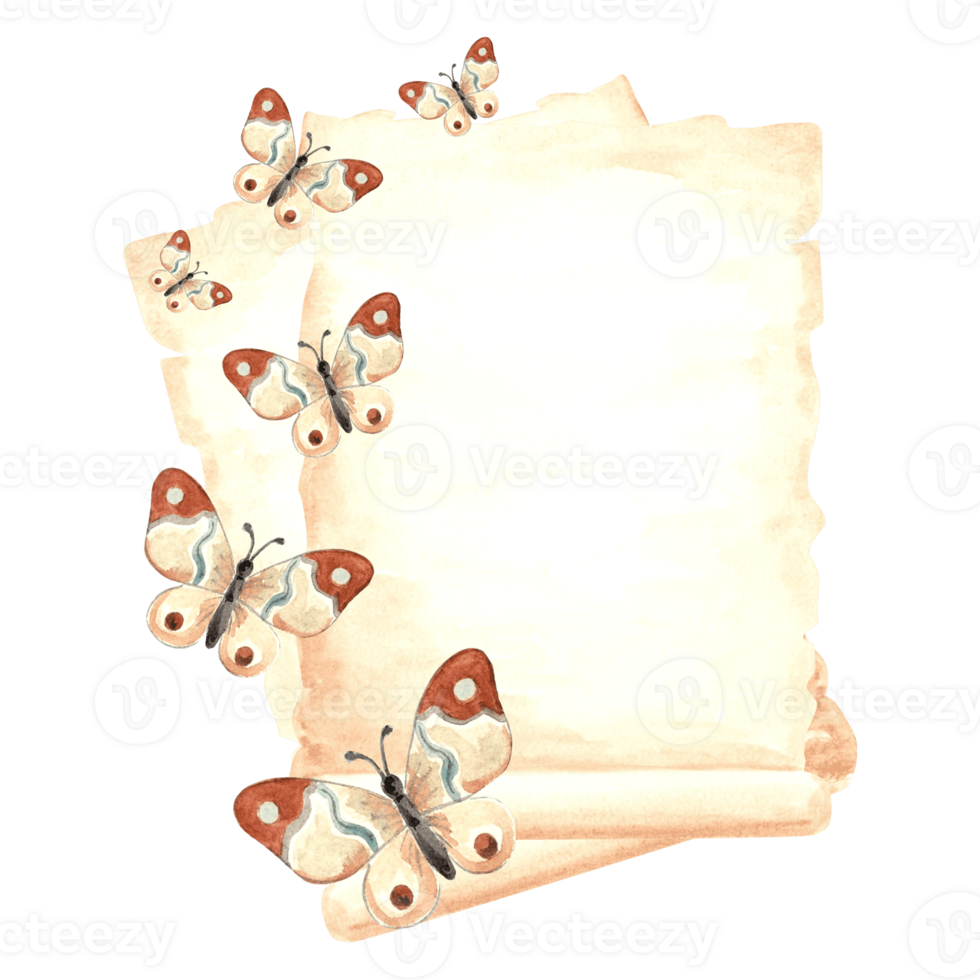 Sheets of vintage parchment handwritten paper with fluttering butterflies. Hand drawn watercolor illustration. Template old writing supplies. Isolated retro composition for scrapbooking, card, sticker png
