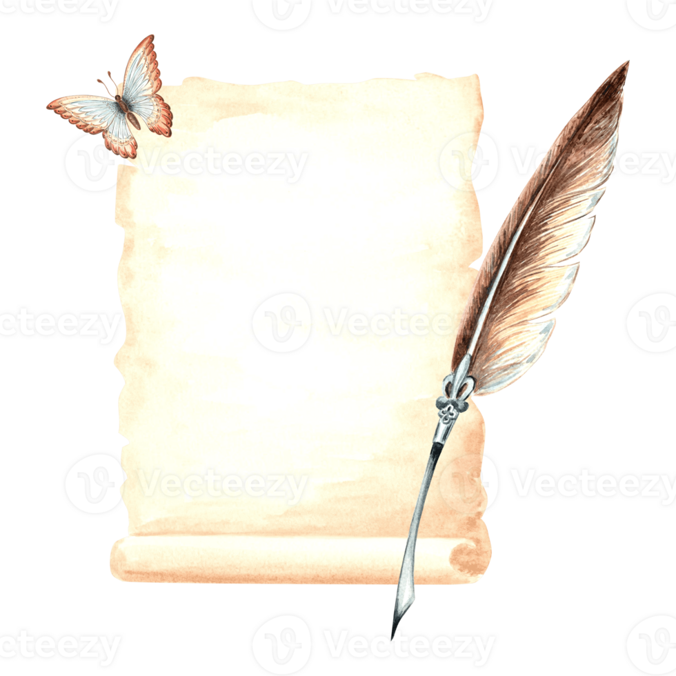 Sheet of parchment paper with elegant feather pen and butterfly. Vintage writing supplies. Template retro watercolor illustration of old stationery. Isolated hand drawn illustration for cards, sticker png