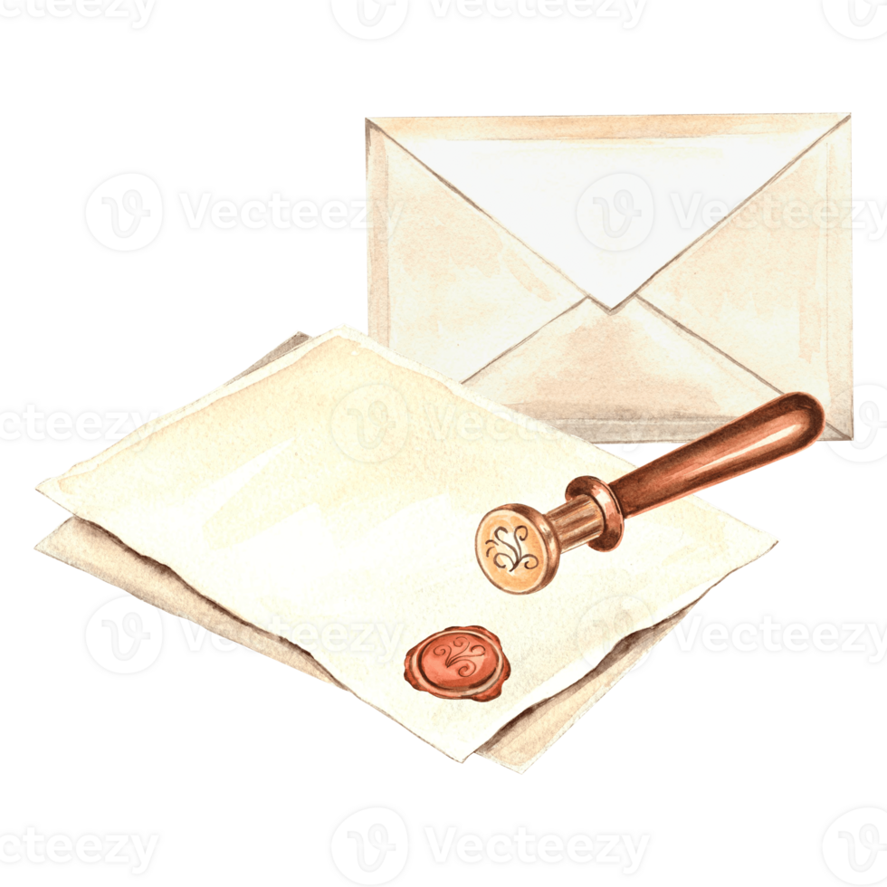 Sheet of parchment paper and envelop with wax seal. Vintage writing supplies. Template retro watercolor illustration of stationery, vintage letter. Isolated hand drawn illustration for card, sticker png