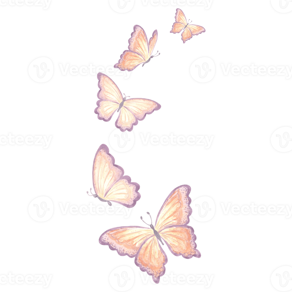 Watercolor flying butterflies delicate peach fuzz color. Isolated hand drawn illustration spring exotic wild insect. Template drawing for card, packaging, tableware, textile and sticker, embroidery. png