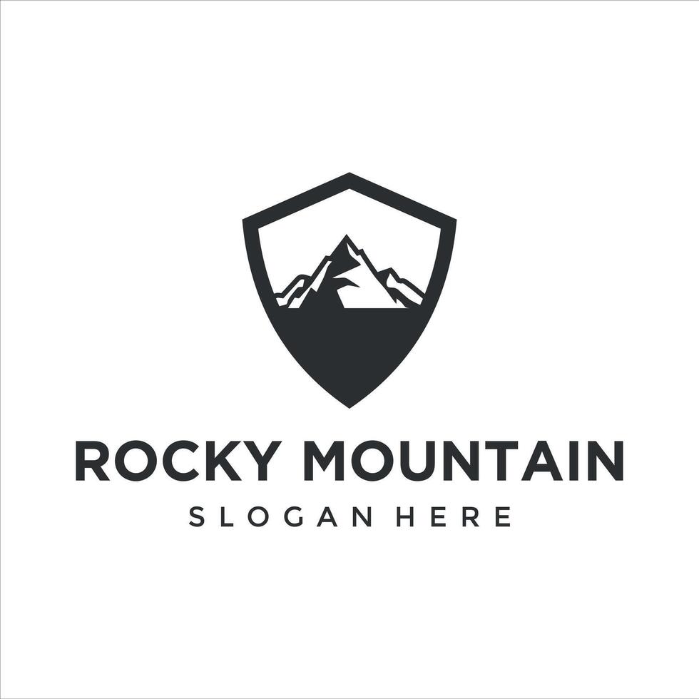 rock mountain with shield logo design vector