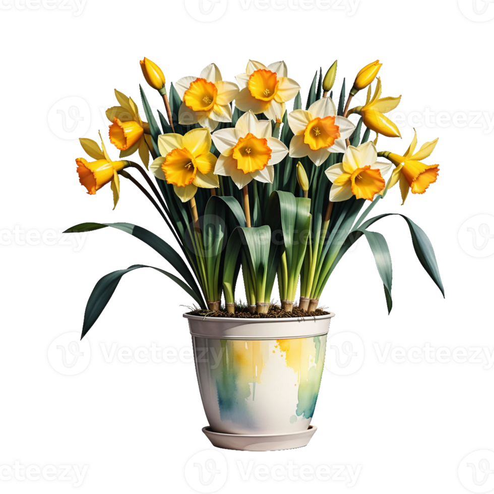 AI generated Large bush of yellow daffodils in a clay pot isolated on PNG background.