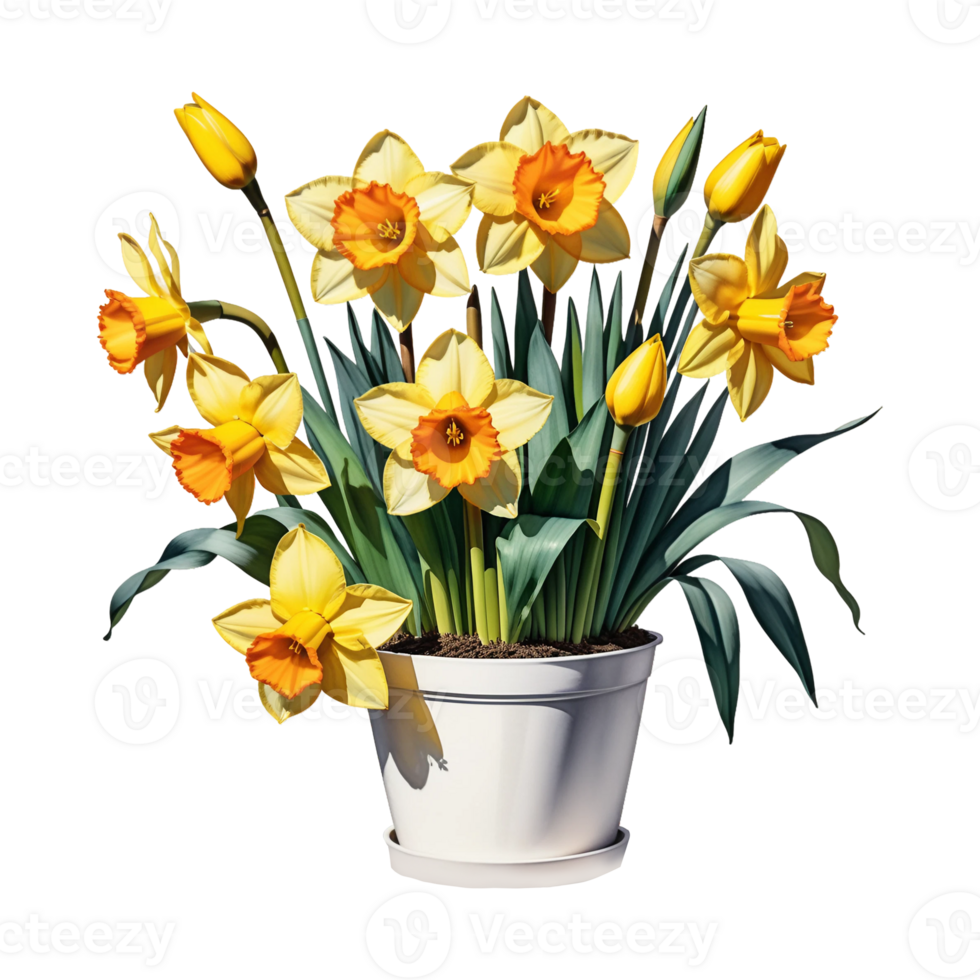 AI generated Large bush of yellow daffodils in a clay pot isolated on PNG background.