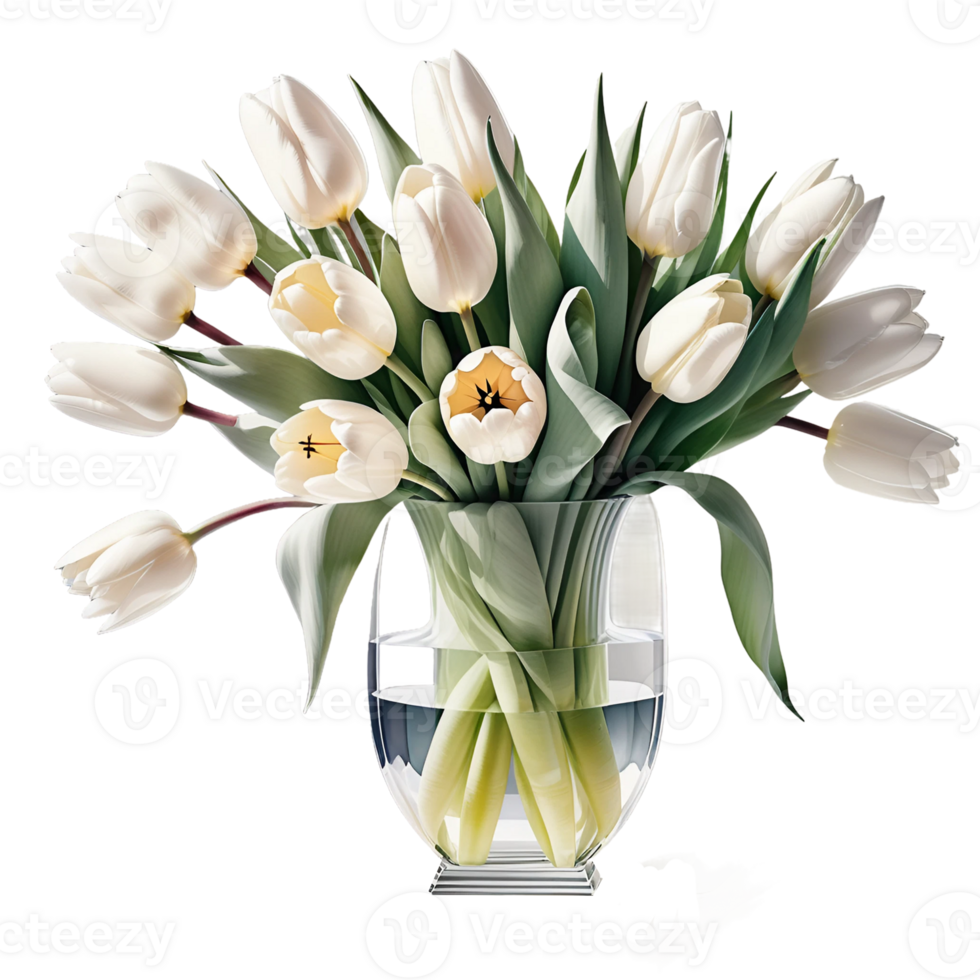 AI generated Luxurious bouquet of white tulips in a glass vase isolated on PNG background.
