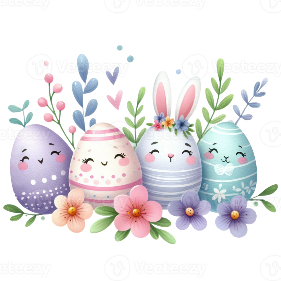 AI generated Watercolor cute eggs, each with an easter design, pastel colors  isolated on PNG background.