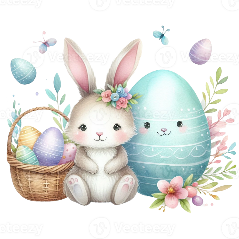 AI generated Watercolor cute eggs, each with an easter design, pastel colors  isolated on PNG background.