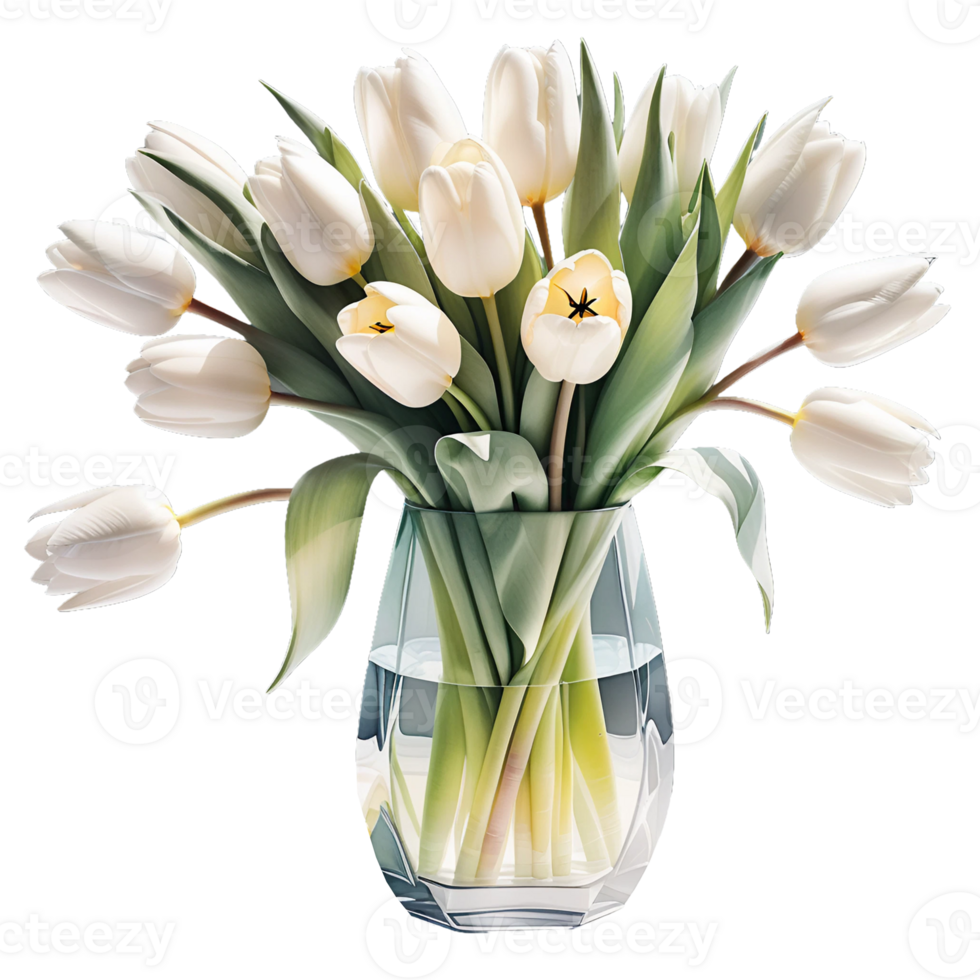 AI generated Luxurious bouquet of white tulips in a glass vase isolated on PNG background.