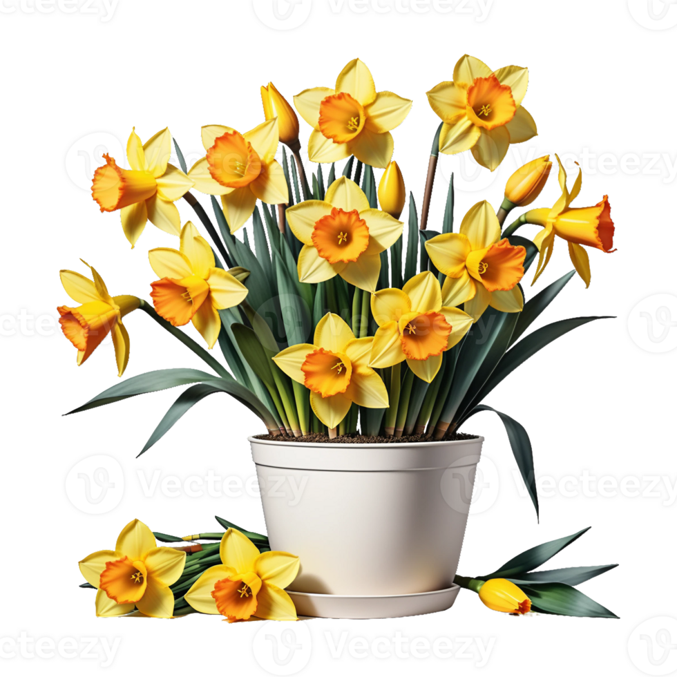 AI generated Large bush of yellow daffodils in a clay pot isolated on PNG background.