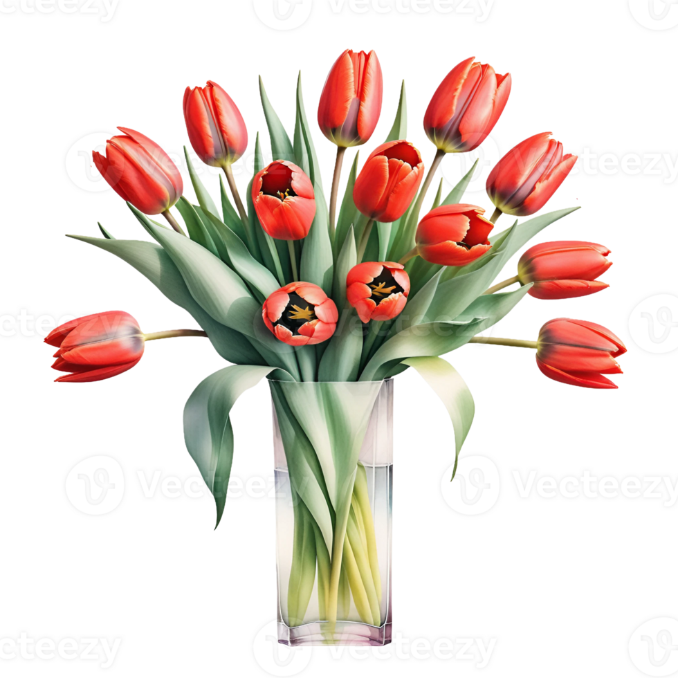 AI generated Luxurious bouquet of red tulips in a glass vase isolated on PNG background.