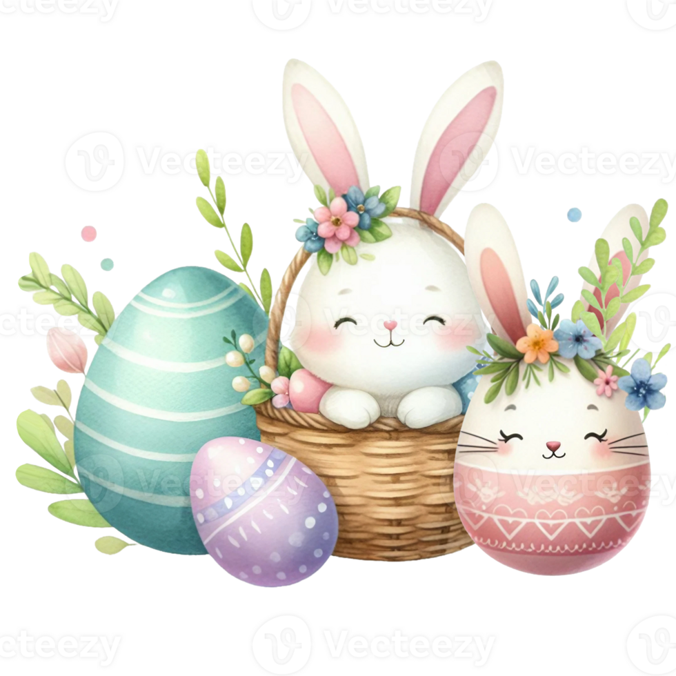 AI generated Watercolor cute eggs, each with an easter design, pastel colors  isolated on PNG background.